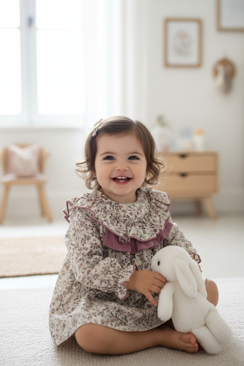 Vestido floral com gola de folhos vestido numa menina