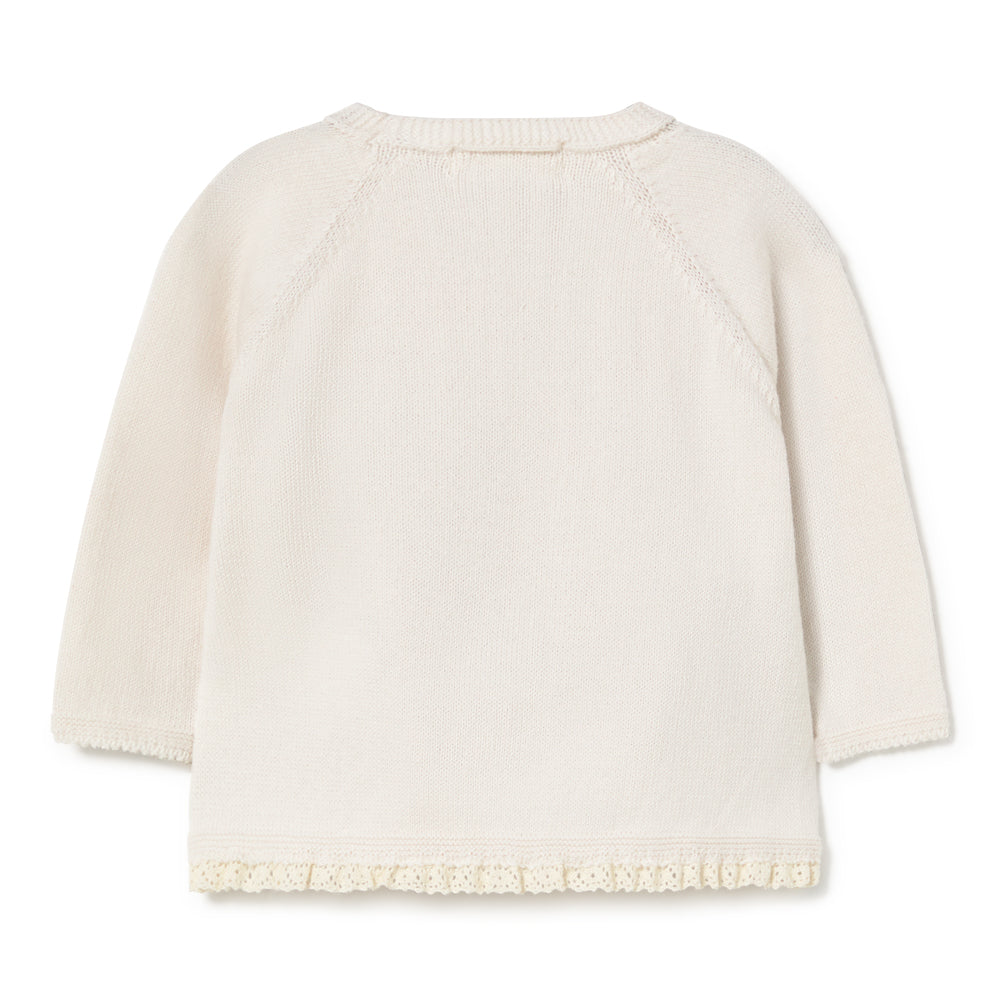 Camisola Trepasse com Detalhe em Renda + Calças + Touca Minimalista.