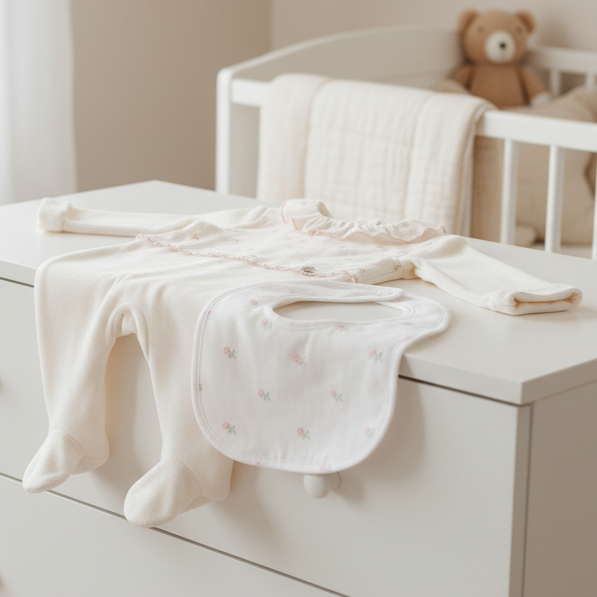 Babete sobre babygrow num móvel de quarto de bebé