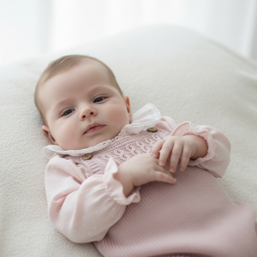 Baby girl lying down in pink knitted romper