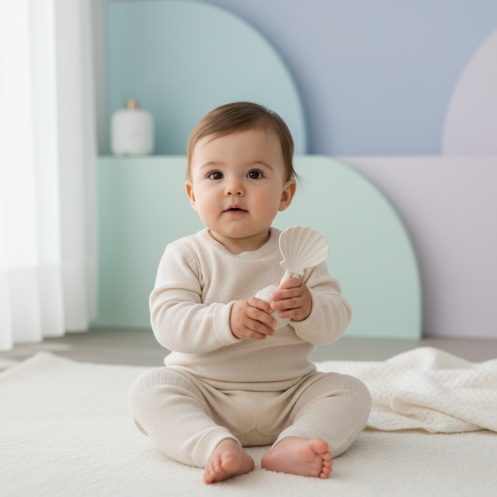 Bebé a brincar com chocalho de concha