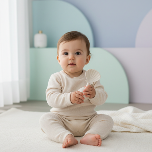 Bebé a brincar com chocalho de concha