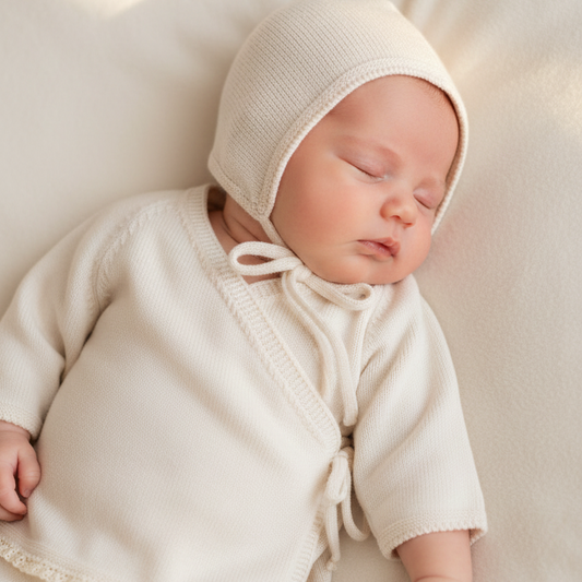 Bebé com a camisola ajustada junto ao pescoço