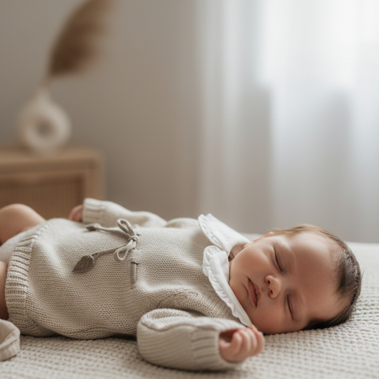 Bebé com camisola de malha bege