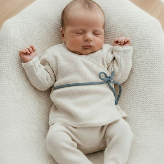 Bebé com Conjunto Enzo cream com amarras azul mais escuro