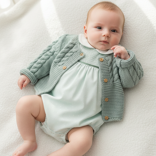 Bebé com conjunto fofo batista e casaco