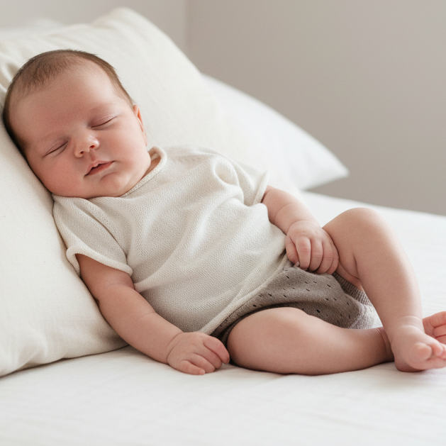 Bebé de 1 mês com conjunto creme e taupe