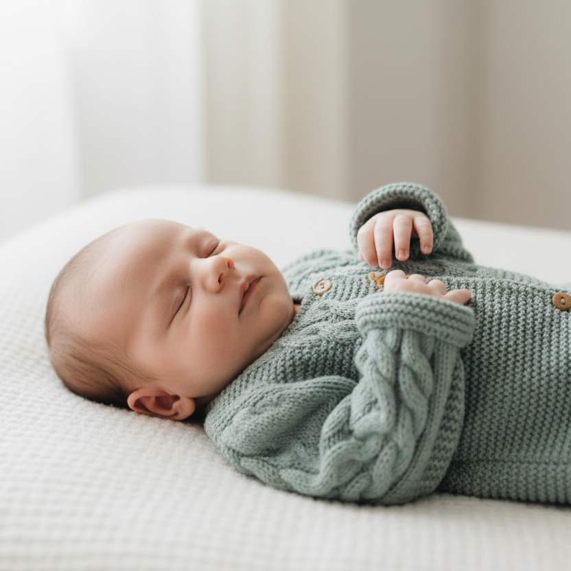 Bebé de 1 mês de barriga para cima com casaco verde