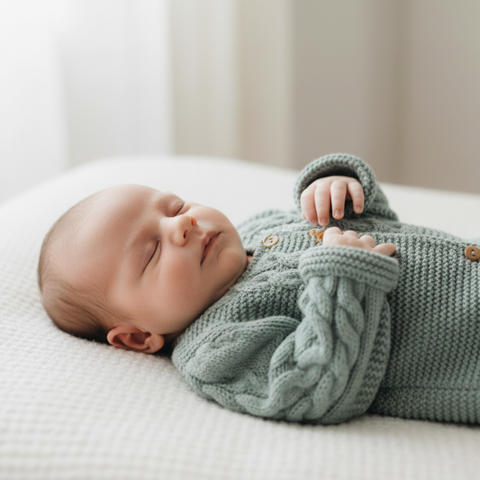 Bebé de 1 mês de barriga para cima com casaco verde