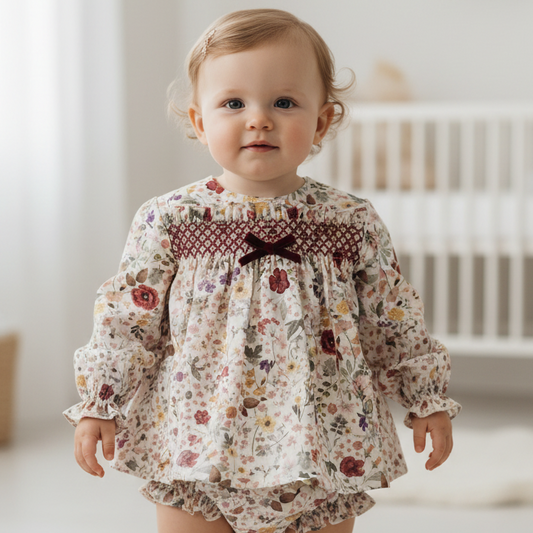 Bebé de 12 meses a usar o conjunto floral num quarto clean