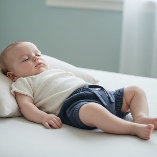 Bebé de 3 meses com conjunto creme e azul