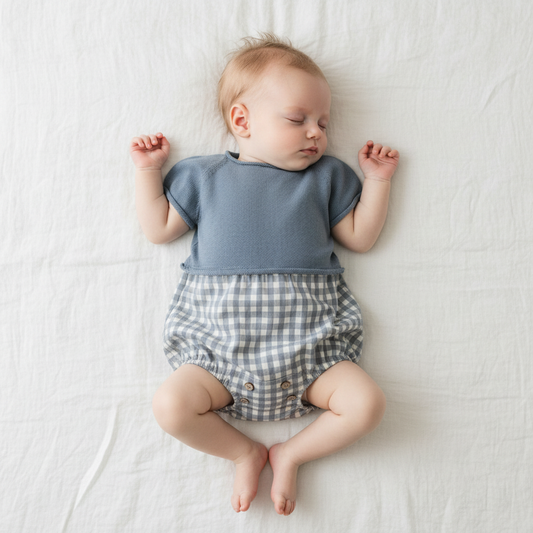 Bebé de 6 meses com conjunto azul e vichy