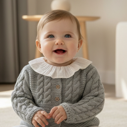 Bebé de 6 meses com conjunto de malha cinza