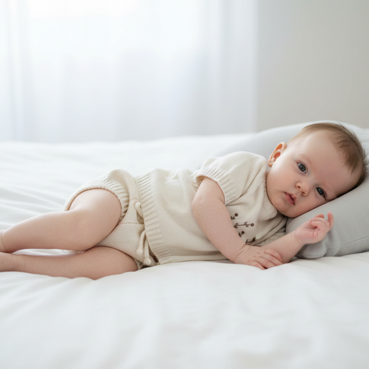 Bebé de lado com conjunto bordado creme