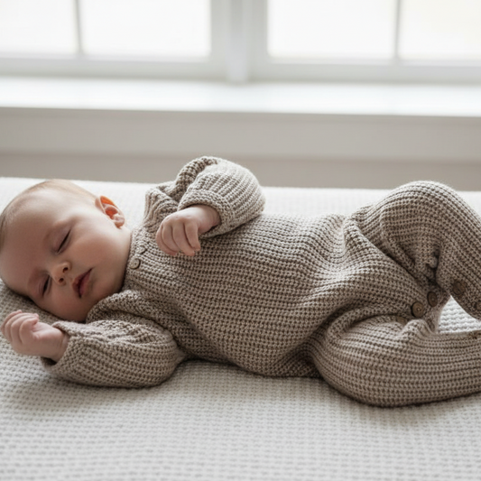 Bebé deitado com macacão sem pés