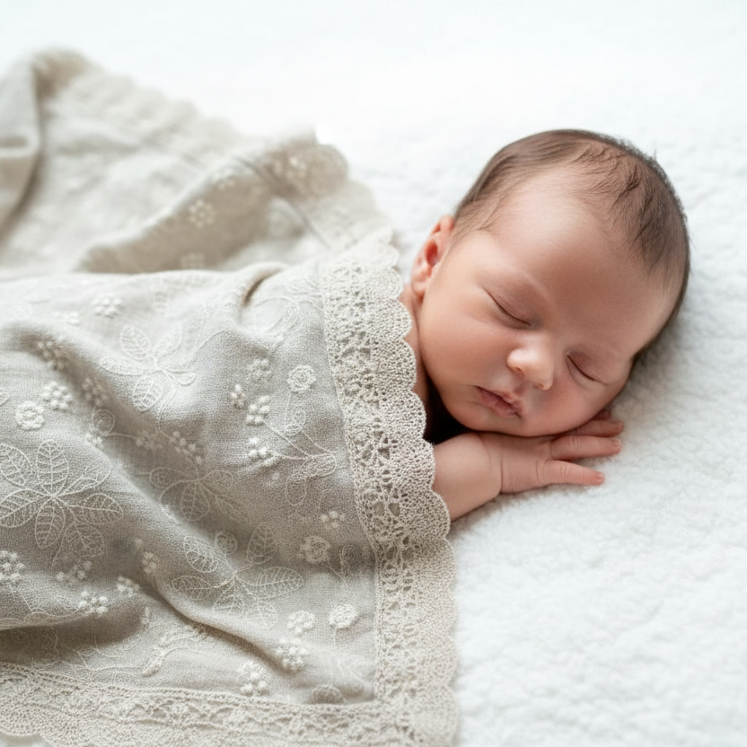 Bebé deitado com manta de musselina bordada