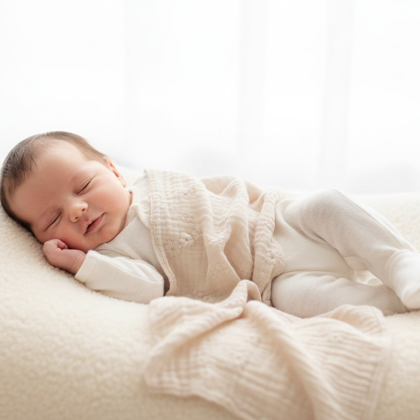 Bebé deitado com swaddle musselina fina