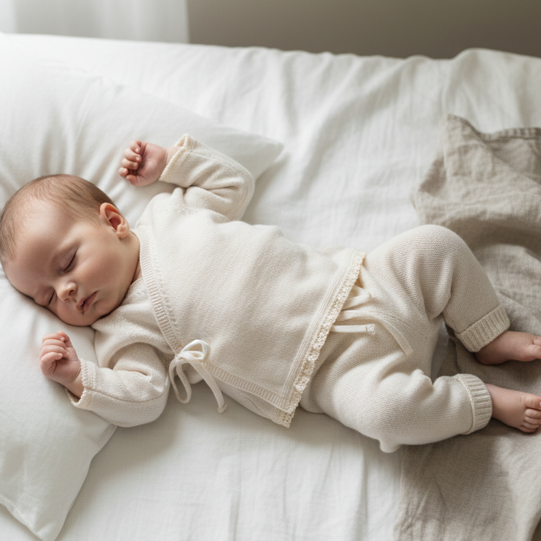 Bebé deitado na horizontal na cama com conjunto de malha creme