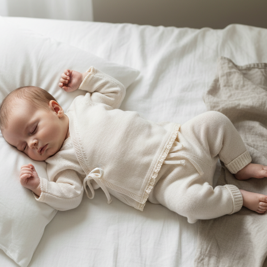 Bebé deitado na horizontal na cama com conjunto de malha creme