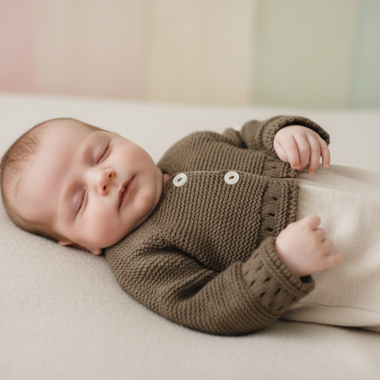 Bebé magrinho deitado com bolero castanho