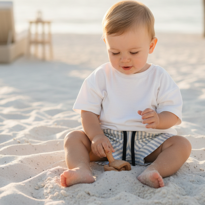Bebé menino de 12 meses com calções riscas e t-shirt branca na praia