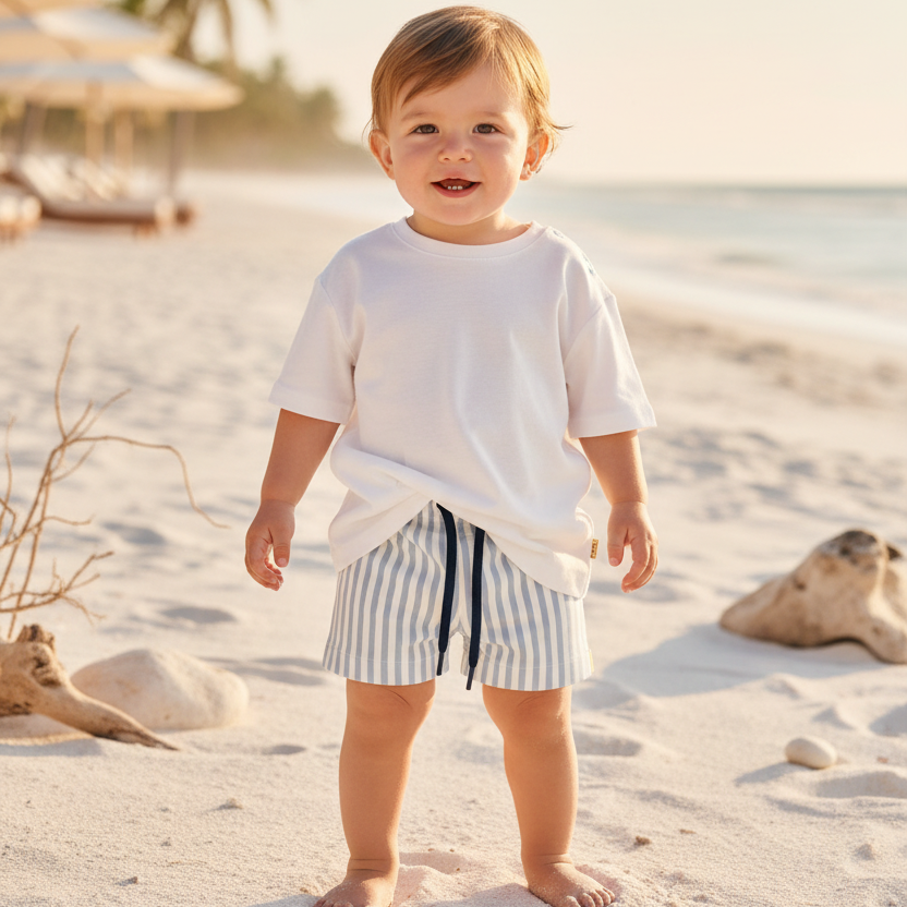 Bebé menino de pé na praia com calções riscas e t-shirt branca