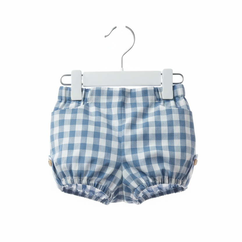 Calções Yoedy xadrez azul em cabide branco
