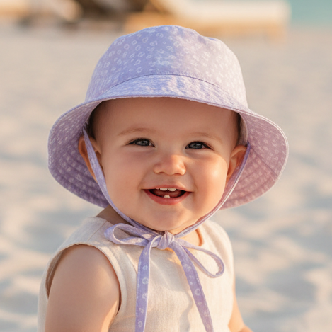 Chapéu lilás numa bebé de 1 ano na praia