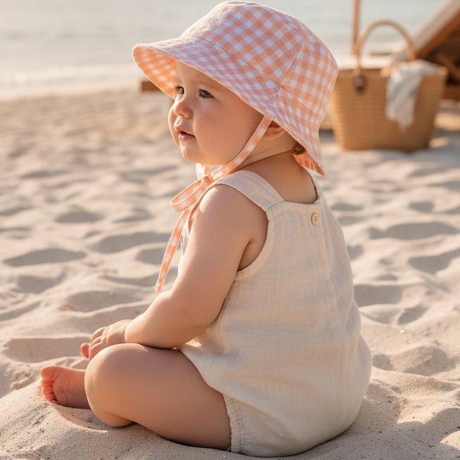 Chapéu vichy rosa num bebé de 1 ano na praia
