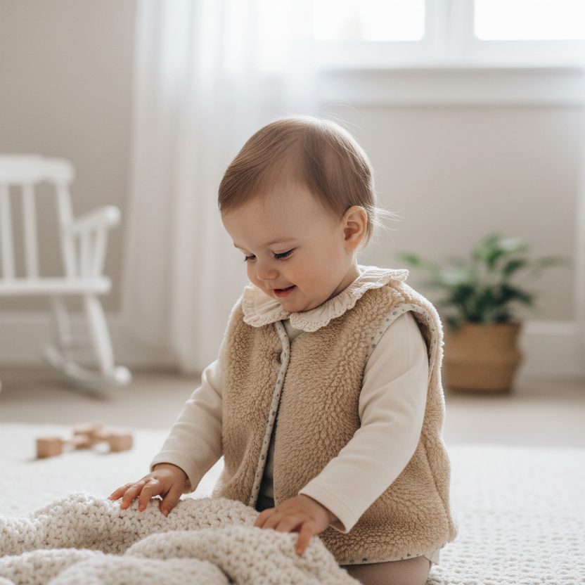 Colete curto de pelo bege com gola com folho