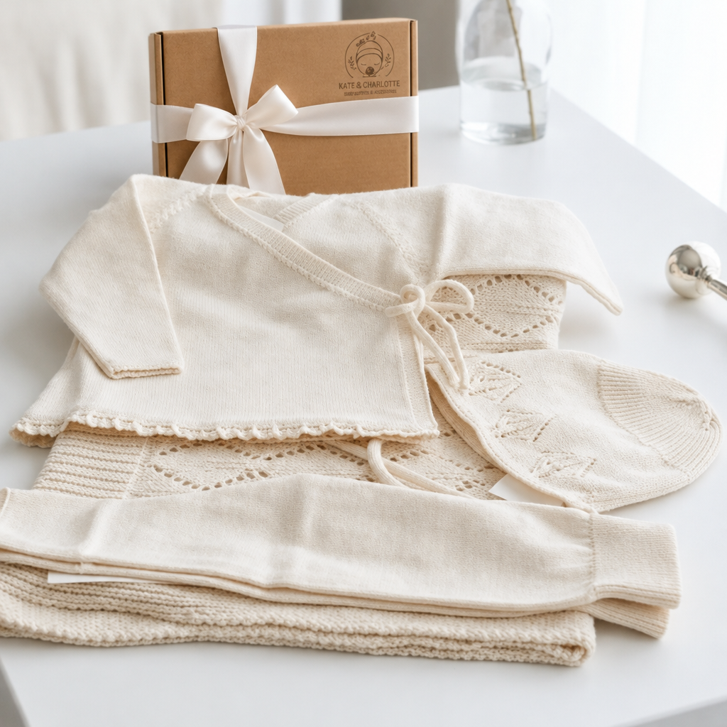 Conjunto de malha com a caixa Kate & Charlotte atrás