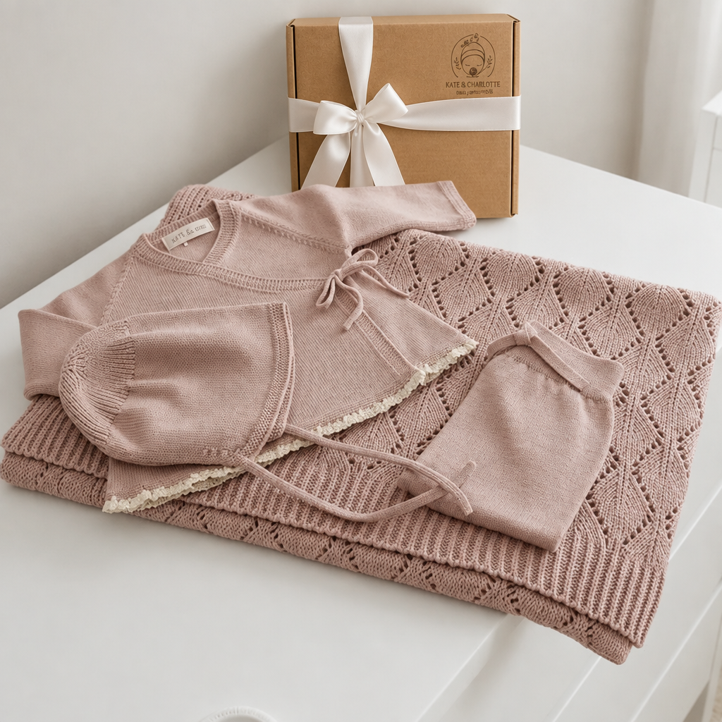 Conjunto rosa com caixa de presente atrás das peças