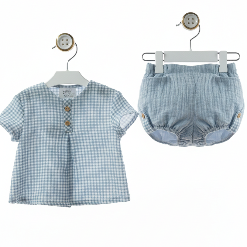 Conjunto Yoedy xadrez azul em cabides brancos