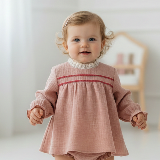 Fotografia realista de menina de 12 meses com o conjunto rosa