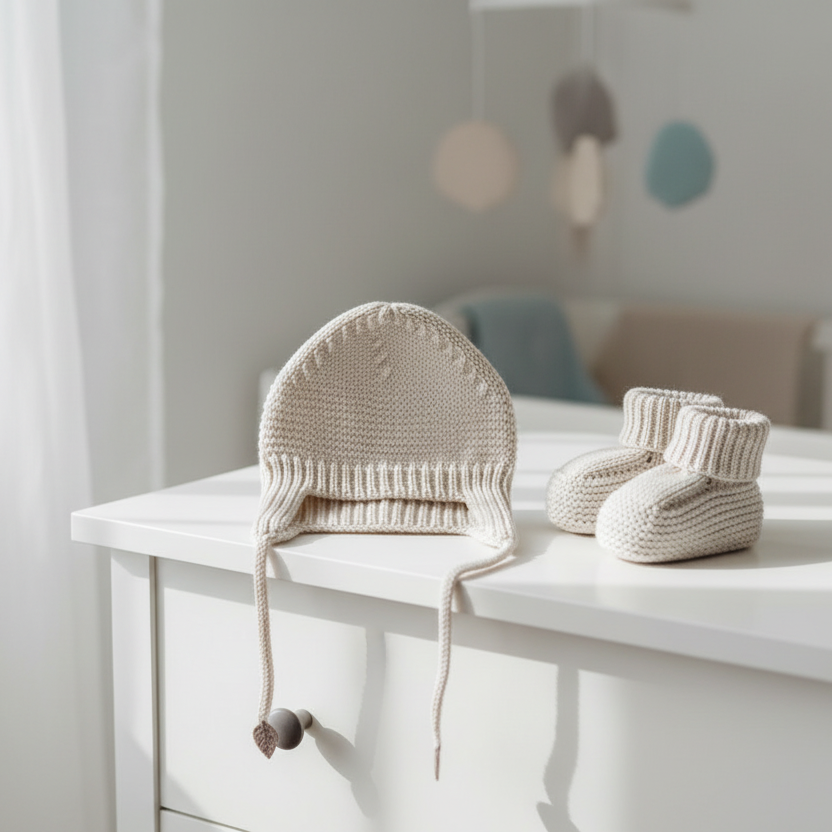 Gorro e sapatinhos em cómoda