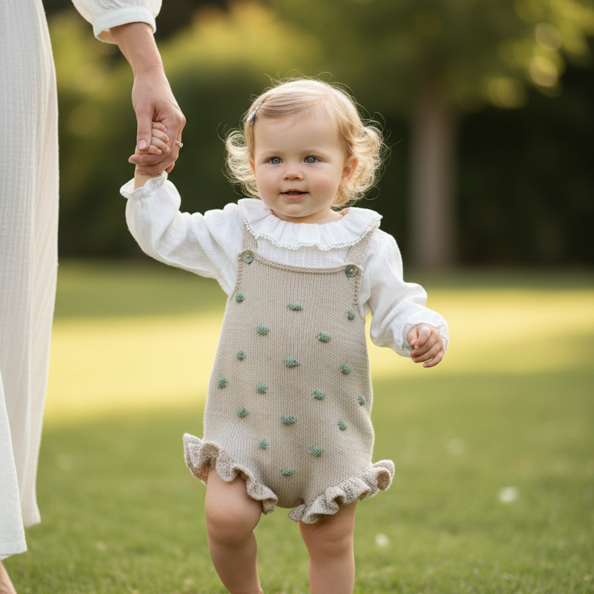 Imagem fotorealista da bebé a passear no jardim