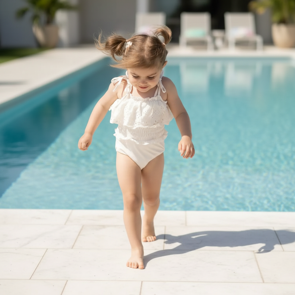 Menina a correr junto à piscina