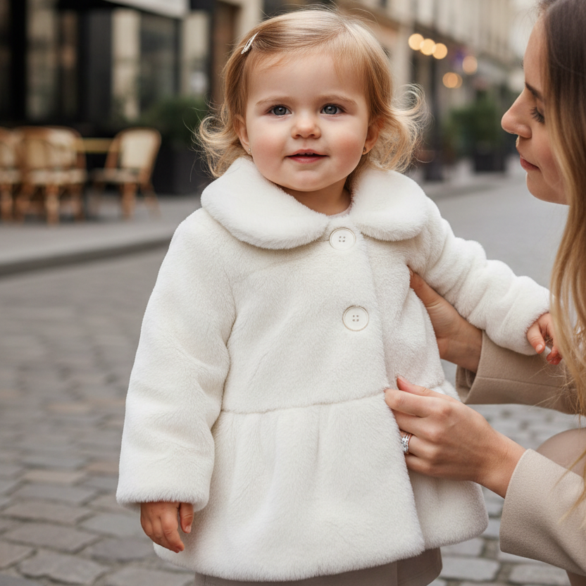 Menina bebé com o casaco branco numa rua parisiense