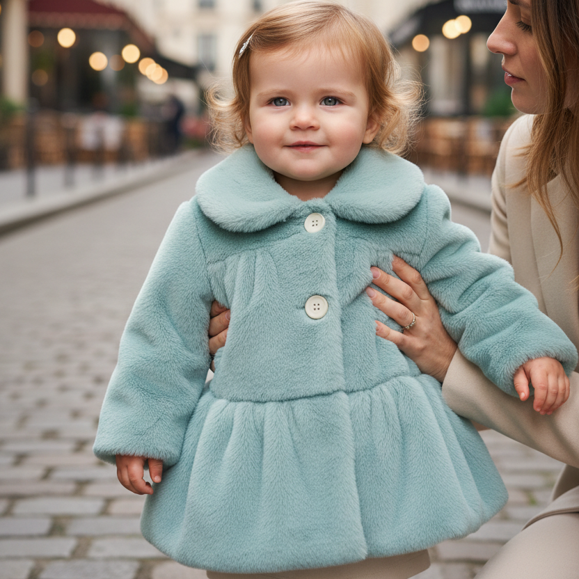 Menina bebé com o casaco verde numa rua parisiense