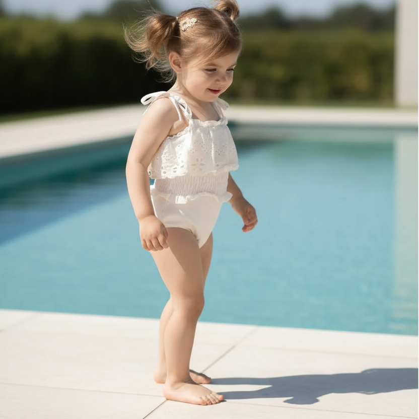 Menina com fato de banho em piscina clean