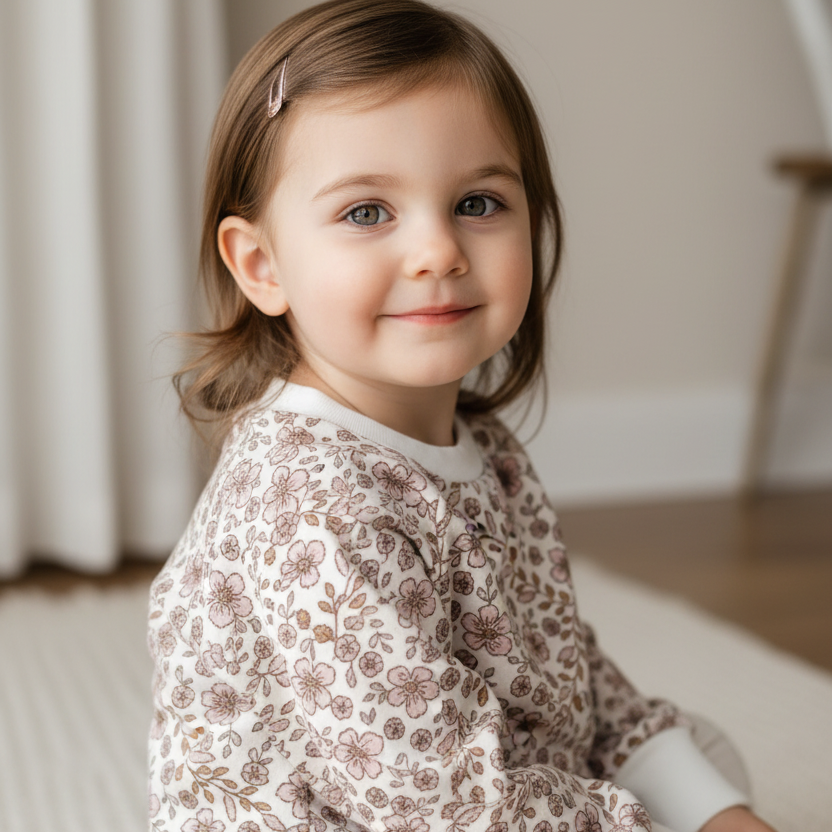 Menina com sweatshirt floral