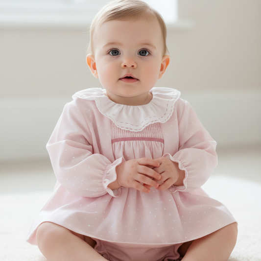 Menina com vestido batista rosa