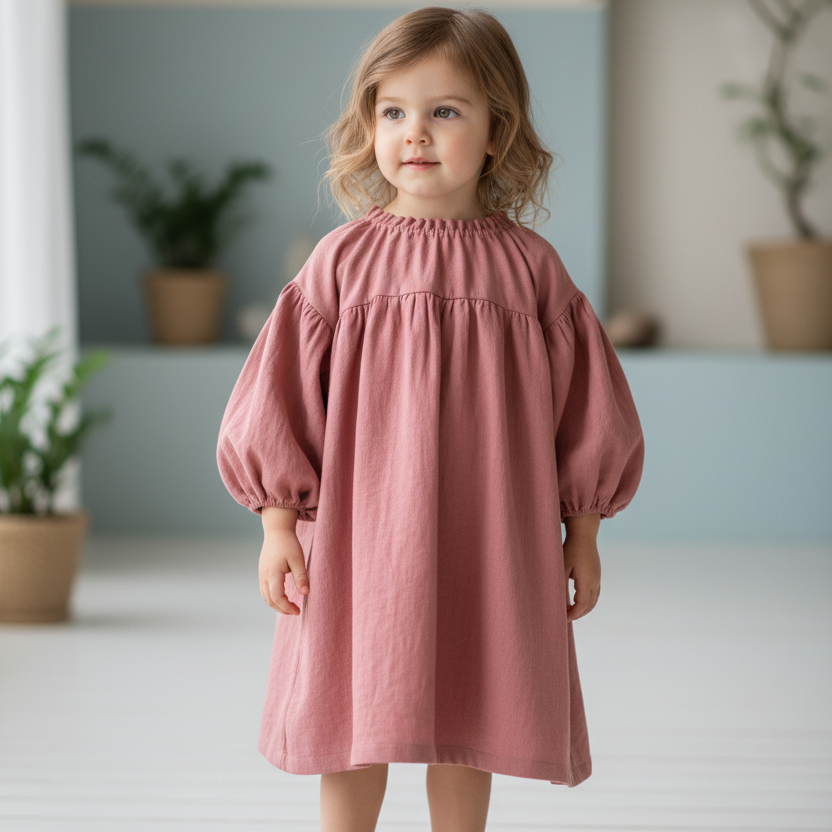Menina de pé com vestido rosa