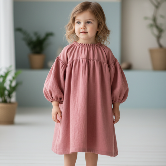 Menina de pé com vestido rosa