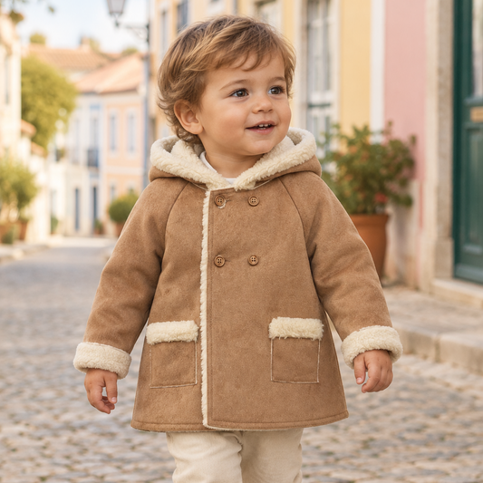 Menino de 18 meses com o casaco camel a passear numa rua charmosa