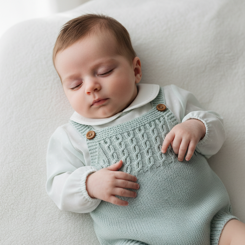 Slender baby girl lying down in mint green knitted romper