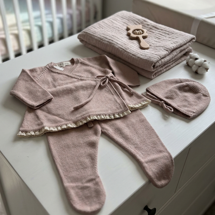Camisola Trepasse com Detalhe em Renda + Calças + Touca Minimalista.