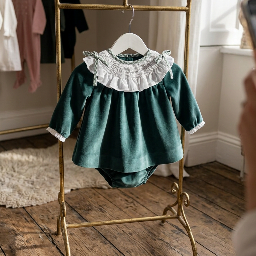Vestido Verde com Gola Clássica e Tapa Fraldas.