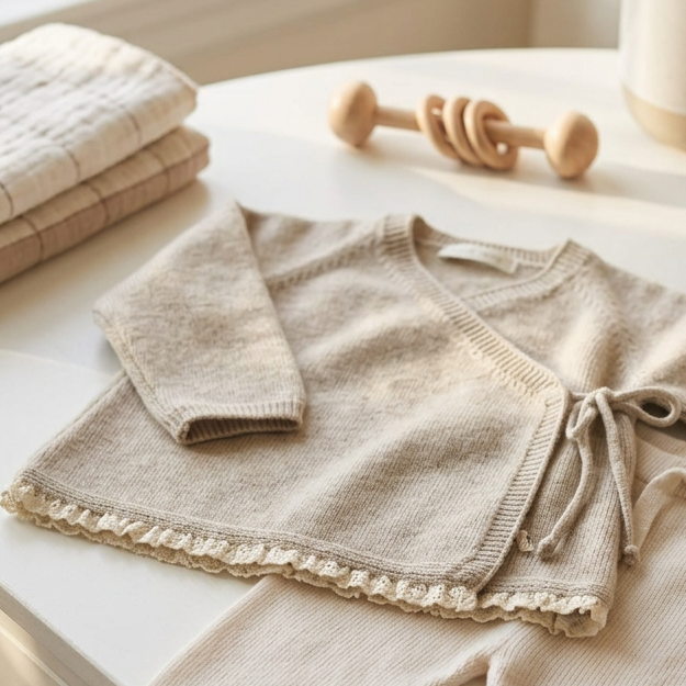 Camisola Trepasse com Detalhe em Renda + Calças + Touca Minimalista.