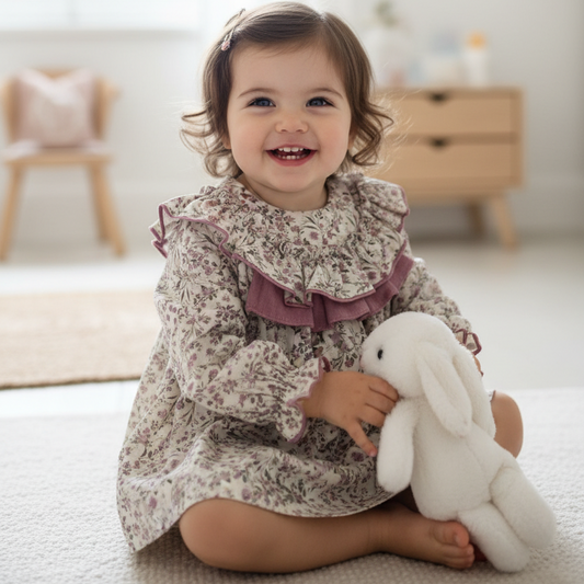 Vestido floral com gola de folhos vestido numa menina